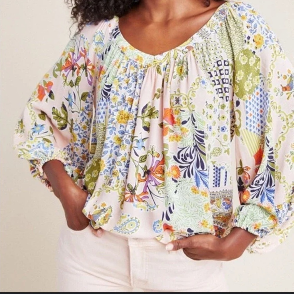 Maeve Anthropologie Long Sleeve Boho Pink Floral Boswell Blouse - {2}